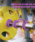 Heavy Duty 2 Inch Barbell Clamps Set Of Two Quick Release Weight Clips With Grippy Anti Slip TPR Lining Secure Weightlifting Collars For Home Gym Or Pros Use Purple installed on bar with yellow weight plate