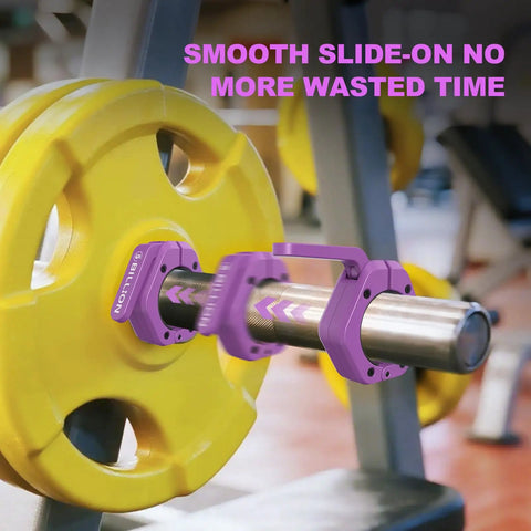 Heavy Duty 2 Inch Barbell Clamps Set Of Two Quick Release Weight Clips With Grippy Anti Slip TPR Lining Secure Weightlifting Collars For Home Gym Or Pros Use Purple installed on bar with yellow weight plate