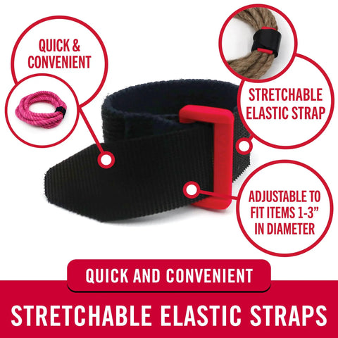 Elastic Cinch Straps With Buckle Two Pack For Cables And Gear, adjustable black strap with red buckle, stretchable design