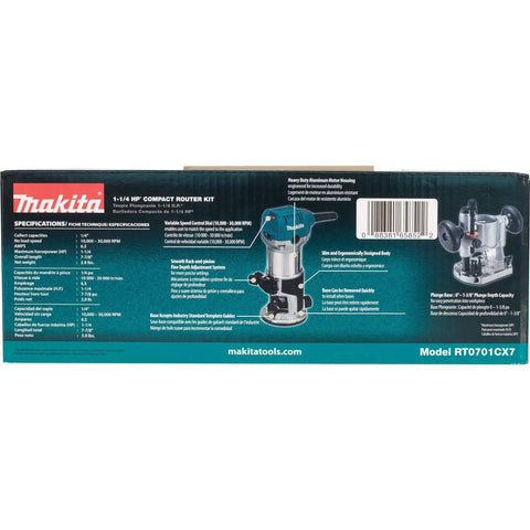 Back view of box showing Beefy One And One Quarter Horsepower Compact Router Kit With Variable Speed From 10000 To 30000 RPM Rack And Pinion Fine Depth Adjustment Slim Ergonomic Body And Quick Release Cam Lock For Precise Comfortable Woodworking.