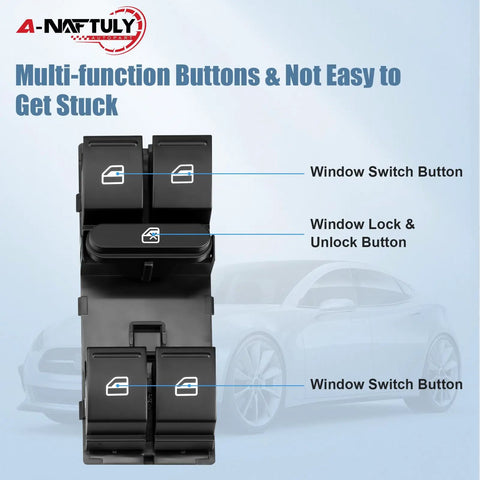 Driver Side Master Power Window Switch Replacement For VW Jetta, Passat, Golf, GTI, Rabbit, CC with labeled buttons
