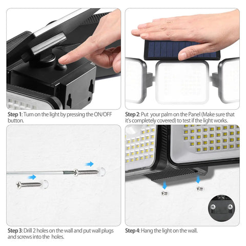 Installation steps for Solar Outdoor Motion Sensor Lights With Three Heads 3000LM Bright 180 LED Security Flood Lights