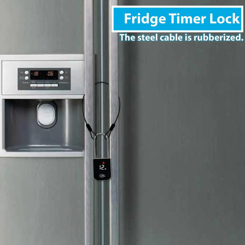 Habit Control Time Lock Padlock to Crush Addictions and Lock Down Bad Habits Keeps Snacks Drinks Locked up in Kitchen Cabinets Fridges Using 12 Inch Rubberized Steel Cable with Lcd Hd Display Screen on a fridge door.