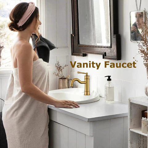 Brushed Gold Bathroom Sink Faucet With Single Hole Deck Mount, Pop Up Drain, woman by vanity faucet