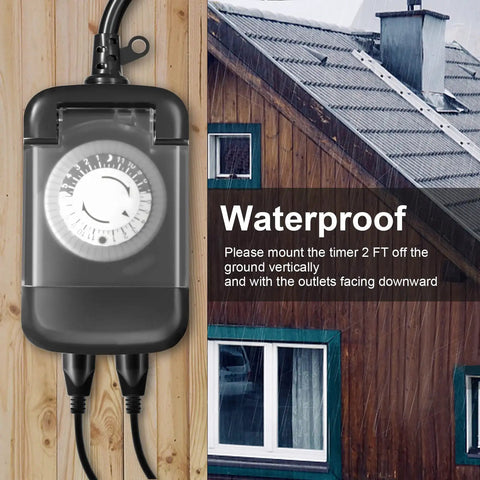 Built Like A Tank 24 Hour Outdoor Mechanical Timer Switch With 2 Grounded Outlets 2 Pack Heavy Duty 15 Amp Plug displayed mounted on wall.
