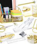 Gold Desk Organizer Set With 13 Pieces Of Office Accessories Including Acrylic Stapler, Tape Dispenser, Staple Remover, Pen Holder, Clips, Scissors, Phone Holder And Pen For A Chic Functional Home Office Desk With Boss Vibe, displayed with all components.