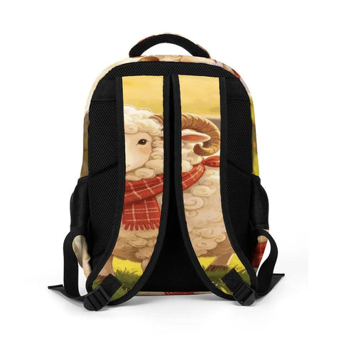 Back view of Scarf Horned Ram Print Unisex Backpack With Large Capacity, durable polyester, adjustable straps, breathable design