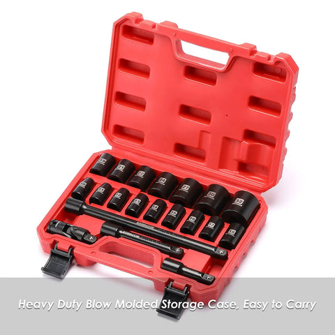 Heavy Duty Metric Shallow Impact Socket Set 10mm To 32mm Six Point Design in red case with extension and universal joints