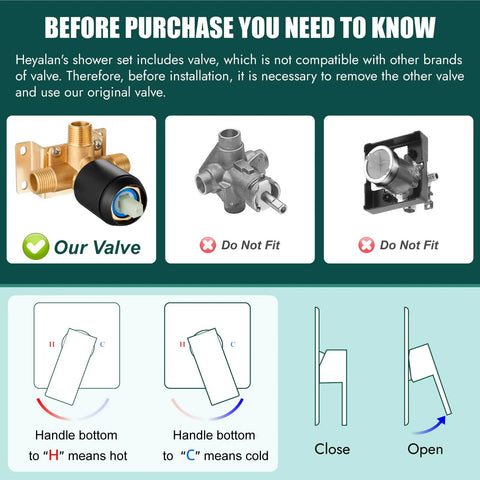 Diagram showing compatible and incompatible valves for Square Stainless Steel Shower Faucet Set With Rainfall System One Handle Trim Kit Ceiling