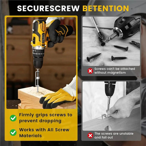 Spring Loaded Anti Drop Screw Holding Screwdriver Bits For DIY Home Repairs With Built In Spring Clamp Keeps Screws From Slipping Phillips cross-tip bit holding a screw on a drill over wood