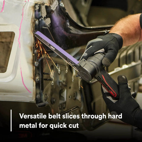 Worker using Cubitron II File Belts 36 Plus Grit Half Inch By 18 Inch Pack Of 10 Resin Bonded for metal deburring with sparks flying