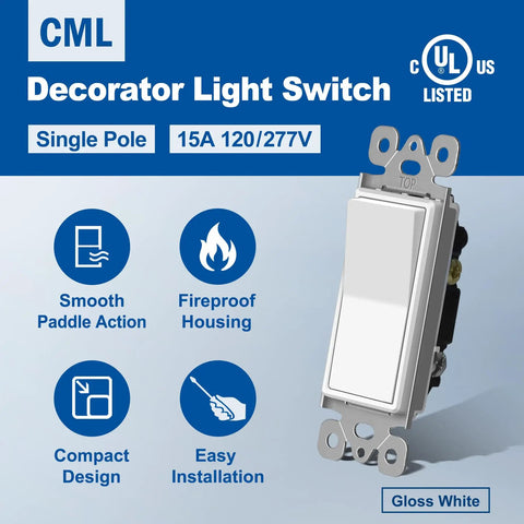 50 Pack Decorator Wall Light Switch Single Pole 15A 120 277 Volt White Durable Polycarbonate Rocker With 10000 Plus Cycle Test And 3 Year Warranty For Residential And Commercial Use, showing smooth paddle action and fireproof housing