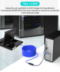 One Pack Usb Hdmi To Rj45 Kvm Dongle Adapter connected to a laptop and server using a blue Cat6 cable for console management.
