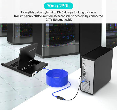 One Pack Usb Hdmi To Rj45 Kvm Dongle Adapter connected to a laptop and server using a blue Cat6 cable for console management.