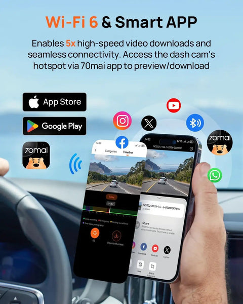Person using Blazing 4K Front And Rear Dash Cam With Built In WiFi 6 And GPS app for seamless connectivity on smartphone display.