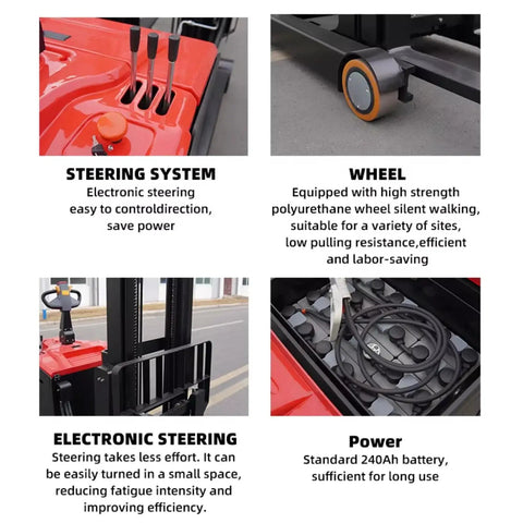 Heavy Duty Electric Forklift Stacker With 1.5 Ton Lift Capacity featuring electronic steering and polyurethane wheels for efficient movement.