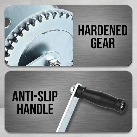 Close-up of hardened gear and anti-slip handle on Heavy Duty Carbon Steel Manual Hand Winch With Dual Way Auto Brake System.