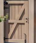 Wooden gate with 4 Pack 6 Inch T Strap Hinges Heavy Duty Outdoor Black Tee Hinge For Wooden Fences Barn Doors Gates Shed Doors