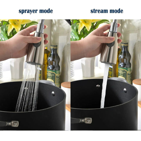 Brushed Nickel Kitchen Faucet With Pull Down Sprayer, stainless steel dual mode water flow in use over a black pot