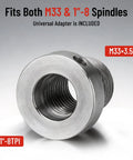 Slick Four Inch Wood Lathe Chuck Set Featuring Five Heavy Duty Jaws Plus A Sweet Ten Inch Aluminum Flat Jaw M33 To One By Eight TPI Adapter, showing M33 and 1'-8' spindle adapter.
