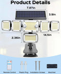 Diagram of Solar Flood Lights Outdoor 6000LM 336 LEDs Dual Clip Motion Sensor Lights with dimensions and accessories.