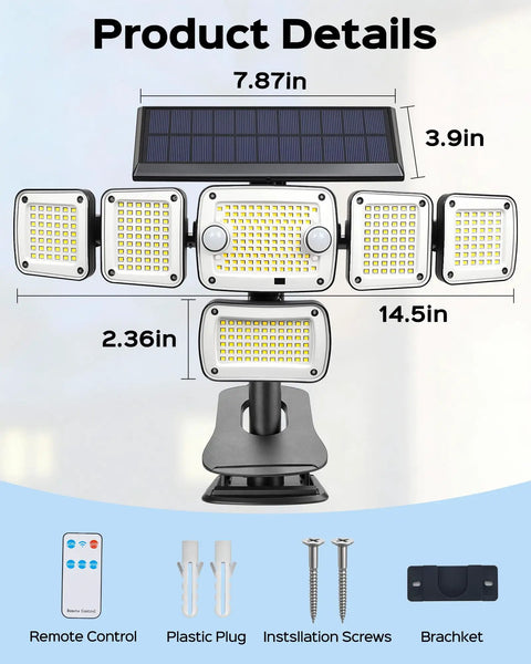 Diagram of Solar Flood Lights Outdoor 6000LM 336 LEDs Dual Clip Motion Sensor Lights with dimensions and accessories.