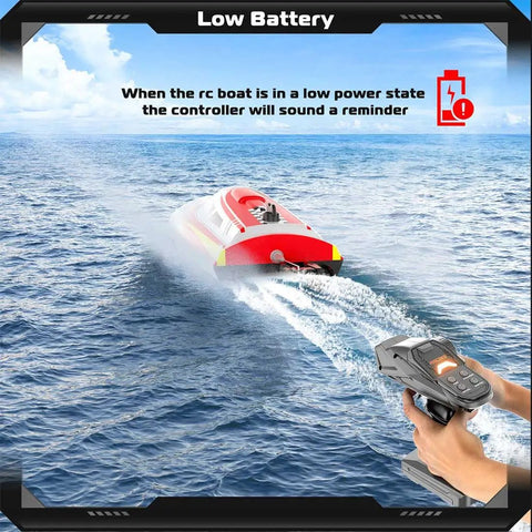 RC Boat 18 MPH Remote Control Fast Speed Racing Boat With Night Navigation Lights in ocean with low battery alert on remote