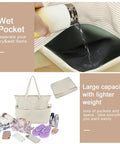 Waterproof Beach Tote Bag For Women Dope Ultra Roomy Extra Large Carry On With Wet Compartment shown with accessories and wet pocket