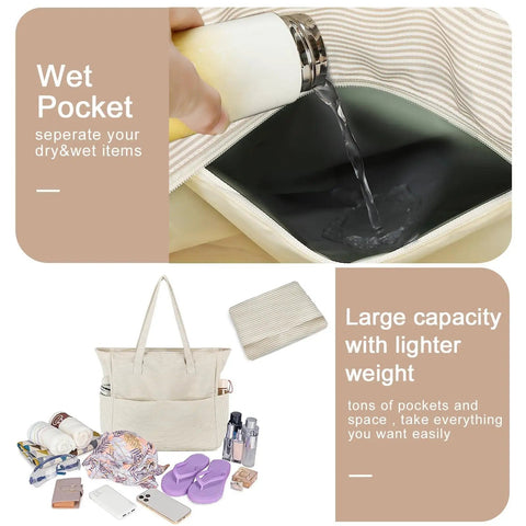 Waterproof Beach Tote Bag For Women Dope Ultra Roomy Extra Large Carry On With Wet Compartment shown with accessories and wet pocket