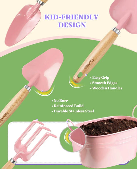 8 Piece Kids Gardening Set With Real Metal Tools Metal Basket And Tote Gloves Watering Can Shovels Rake Ergonomic Handles