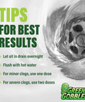 Green Gobbler drain clog dissolver two-pack graphic with tips for best results and green gobbler logo