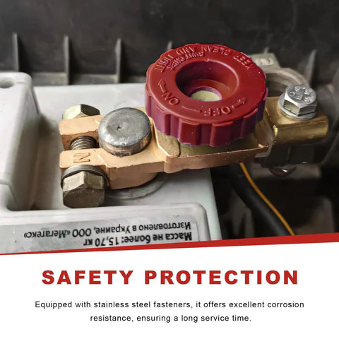 Heavy Duty Top Post Battery Disconnect Switch 12V 125A shiny brass and red knob, mounted on a battery, for car or RV use.