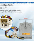 Refrigerator Evaporator Fan Motor Assembly For LG And Kenmore, showing motor with wires and specifications diagram.