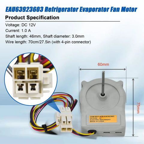 Refrigerator Evaporator Fan Motor Assembly For LG And Kenmore, showing motor with wires and specifications diagram.