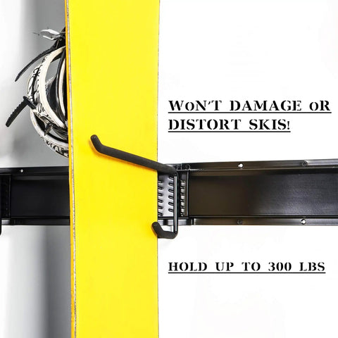 Heavy Duty Ski Wall Rack Storage System With Adjustable 32 Inch Rails Holds Up To 10 Pairs Of Skis, side view, in use