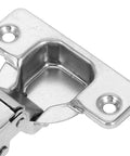 Close-up view of a frameless concealed cabinet hinge made of cold-rolled steel, highlighted for hydraulic soft close feature.