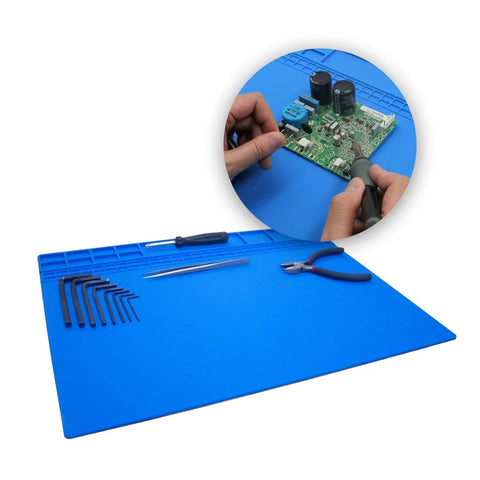 Heat Resistant Soldering Mat Silicone Repair Pad 932F 16x12 Inch Blue Workbench Pad For Cellphone Computer And PCB Electronics Soldering Station Iron Gun Keeps Tiny Parts Organized Like A Pro with tools and circuit board