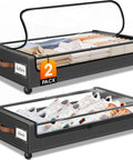 Under Bed Storage Drawers 2 Pack With Rolling Wheels And Leather Handles, clear window showing clothes and shoes
