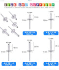 Five Sizes 240 Pieces Large Flange Aluminum Blind Rivets Set Diameter Three Sixteenths Inch With Lengths Diagram