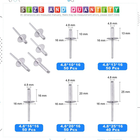 Five Sizes 240 Pieces Large Flange Aluminum Blind Rivets Set Diameter Three Sixteenths Inch With Lengths Diagram