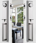 Front Door Handleset With Square Lever Handle Keyed Alike Cylinders Satin Nickel Finish Double Entry Lockset installed on white doors