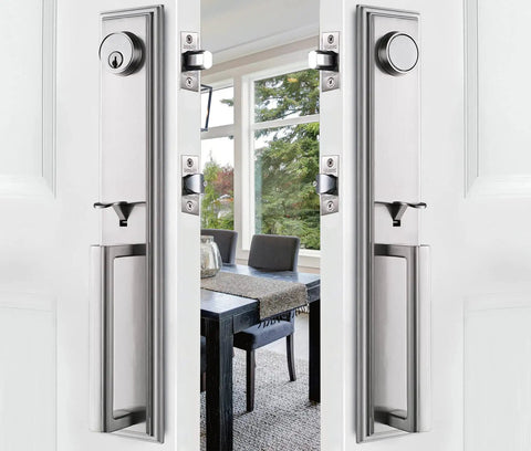 Front Door Handleset With Square Lever Handle Keyed Alike Cylinders Satin Nickel Finish Double Entry Lockset installed on white doors