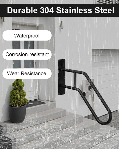 Rock Solid 304 Stainless Steel Handrail For Indoor Outdoor Steps With Slick U Shape Grip Heavy Duty Stair Railing Supporting Up To 500 Lbs Built Like A Tank For Daily Use, displayed on steps with rain.