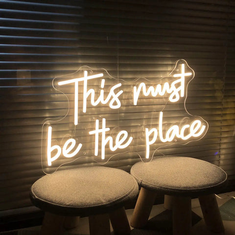 Large LED Neon Sign This Must Be The Place Wall Decor on stools, warm glow, 21.65 x 12.4 inches, for home or business vibe boost gift