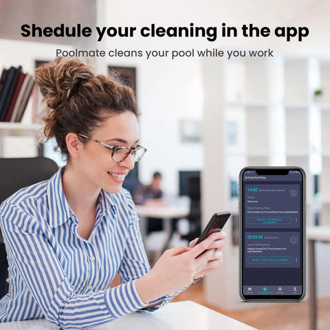 Person using smartphone app for Hydro 4 Inground Pool Vacuum Cleaner With 50ft Corded Cable For Floor Wall And Waterline Cleaning