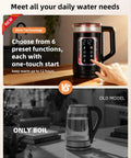 Electric Tea Kettle With Temperature Control And Glass Body For Tea And Coffee Daily Driver Smart Water Boiler displayed on counter with touch control highlighting 6 preset functions and comparison to old model.