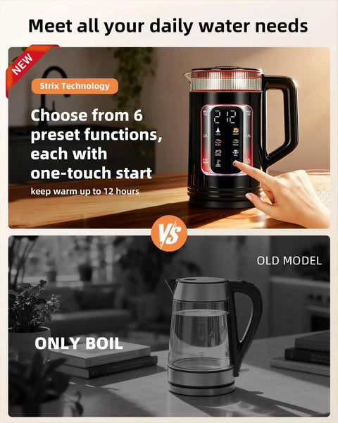 Electric Tea Kettle With Temperature Control And Glass Body For Tea And Coffee Daily Driver Smart Water Boiler displayed on counter with touch control highlighting 6 preset functions and comparison to old model.