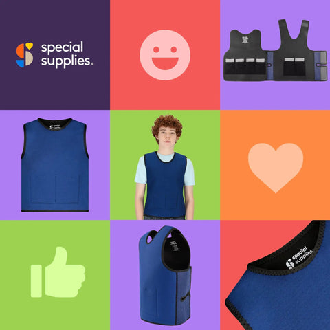 Adjustable Kids Weighted Vest For Deep Pressure Sensory Comfort With Removable Quarter And Half Pound Sandbags Front And Back Pockets Easy Fit Chill Calming Pressure Gear for sensory play and daily anxiety relief, displayed in a colorful grid.