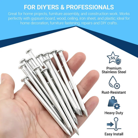Hand holding stainless steel nails from 530 Piece Pro Grade Stainless Steel Wood Screws And Nails Set With 11 Sizes Phillips Flat Head For Picture Hanging Woodworking DIY Projects Rust Resistant And Burr Free Finish