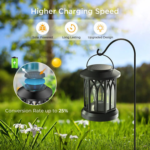 4 Pack Solar Lanterns Outdoor Lights For Garden And Patio, black hanging lantern on hook with sunlight and charging illustration